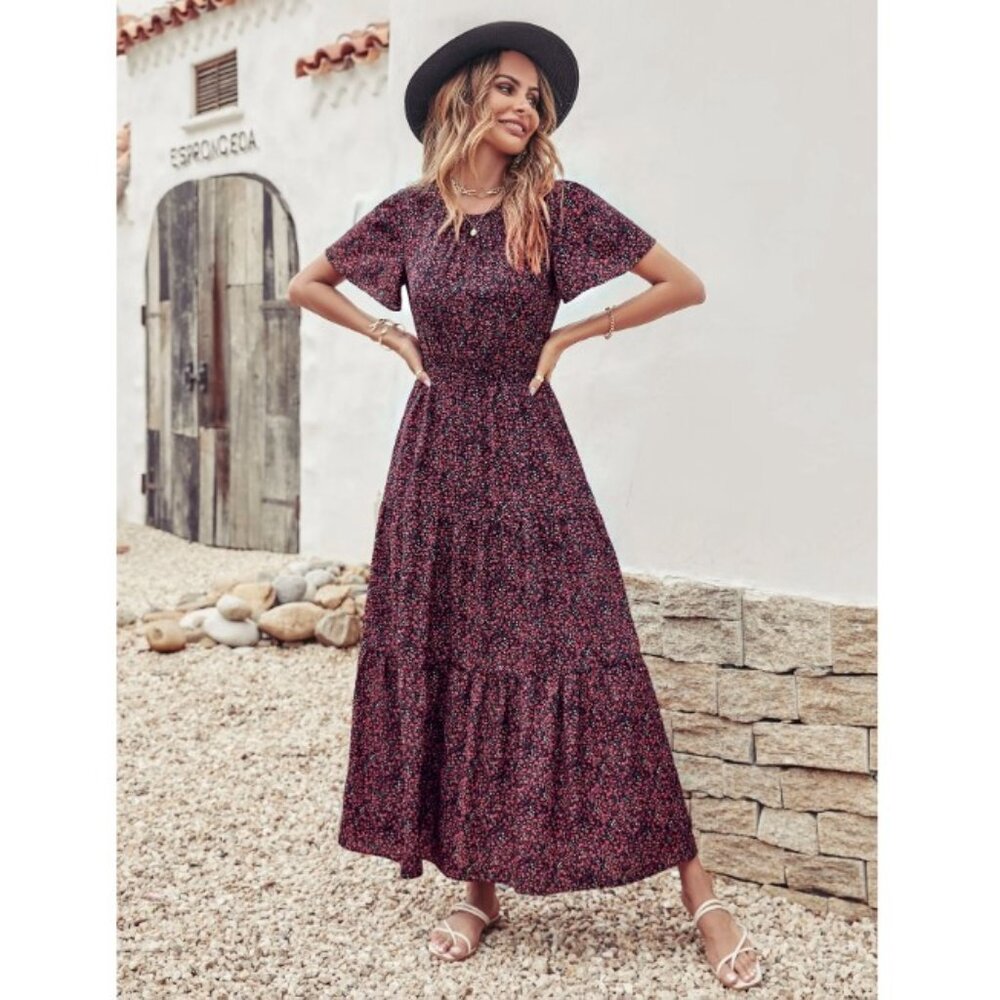 NEW! Breezaya Ditsy Floral Print Shirred Waist Ruffle Hem Dress - Size XXL